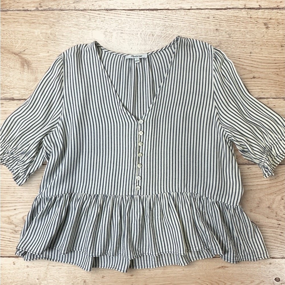 Madewell Navy and White Striped Peplum Blouse